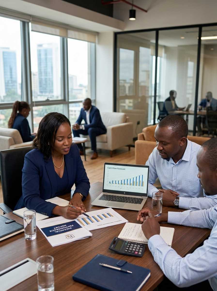 Advisor reviewing a cash flow forecast in a lounge meeting